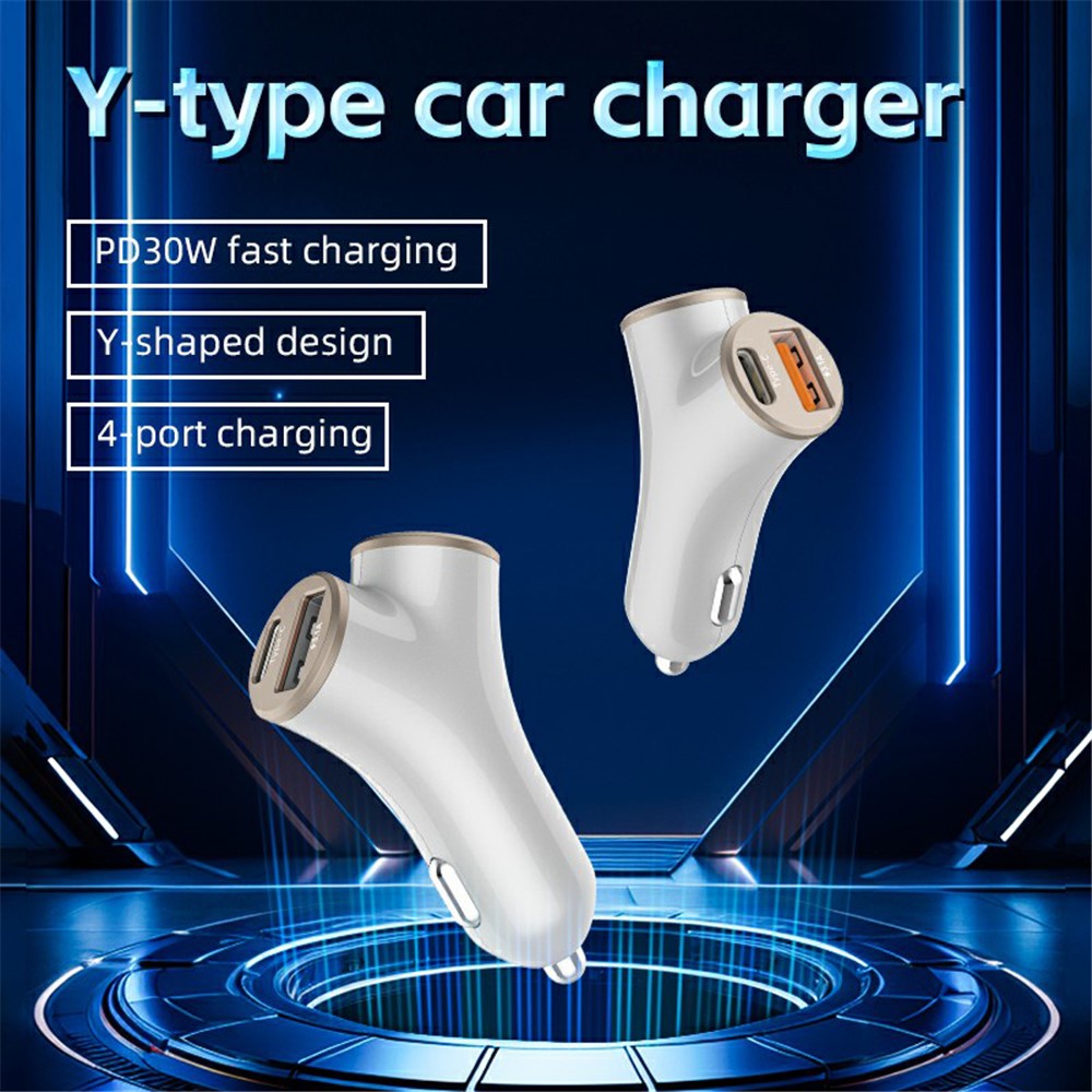A2 78W Y-Shaped Car Charger 2 USB + 2 Type-C Phone Fast Charging Power Adapter