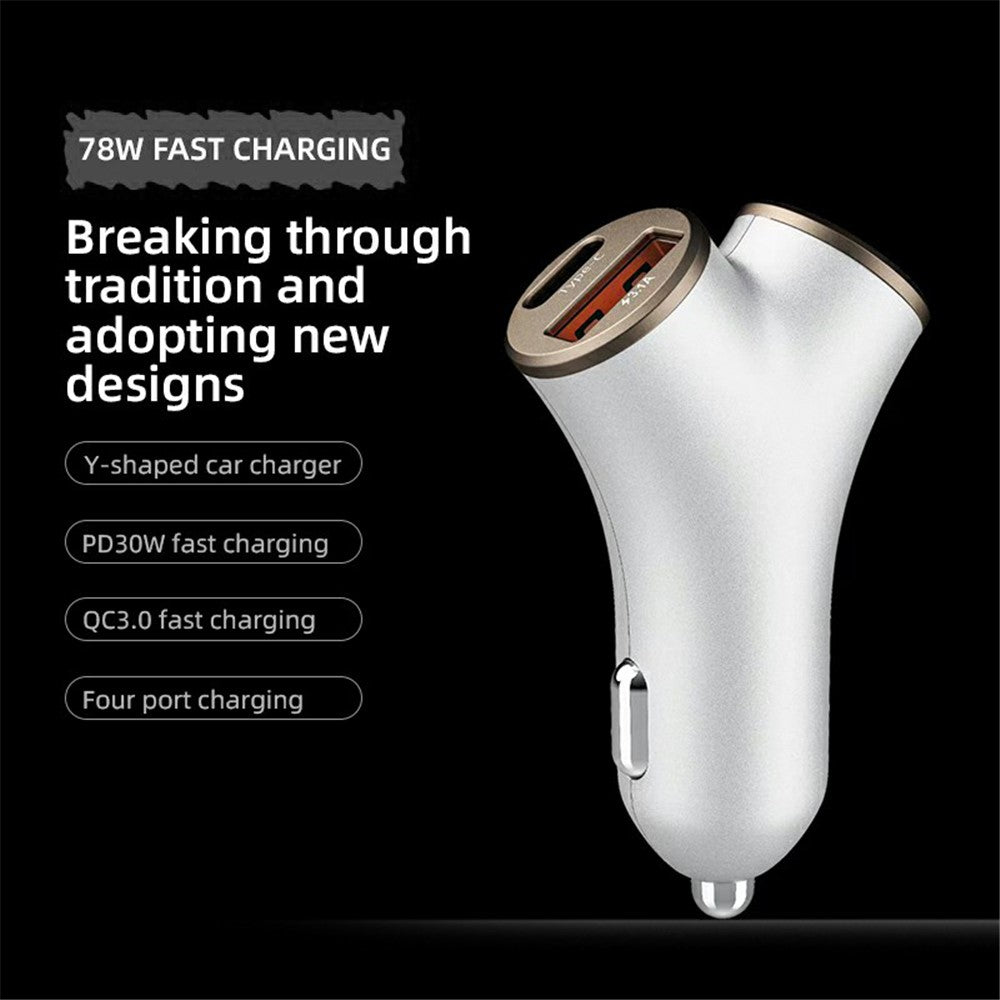 A2 78W Y-Shaped Car Charger 2 USB + 2 Type-C Phone Fast Charging Power Adapter