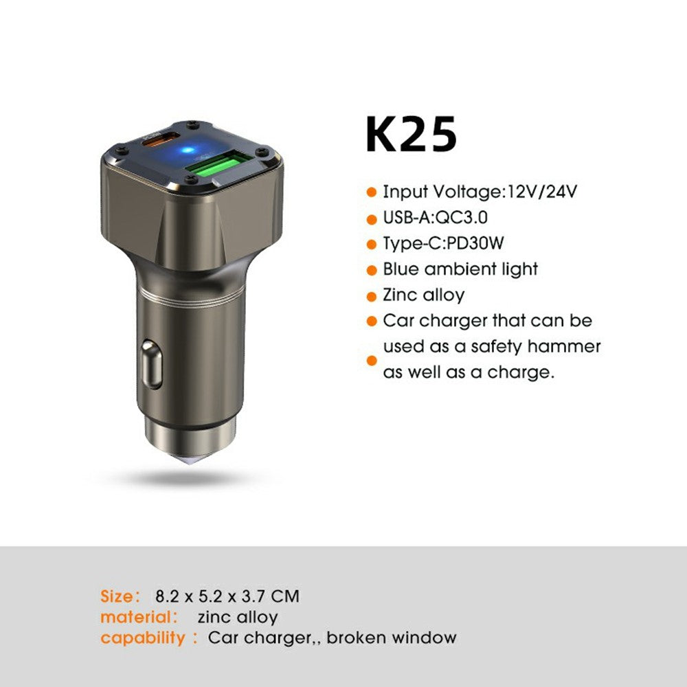K25 Billaderadapter PD 30W Superoplader Hurtigopladning Metalrudehammer