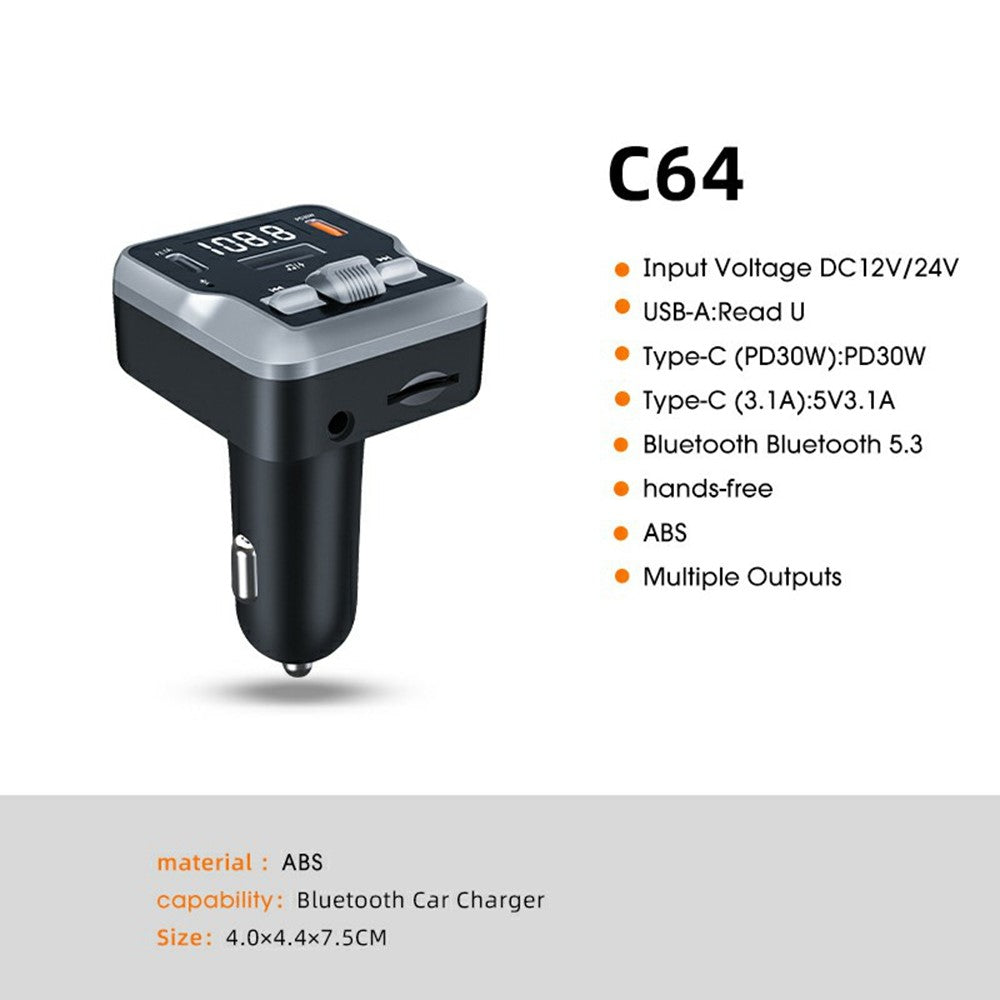 C64 Bluetooth-kompatibel 5.3 Biladapter PD 30W Biloplader Håndfri Opkald Audio Modtager MP3 Musikafspiller