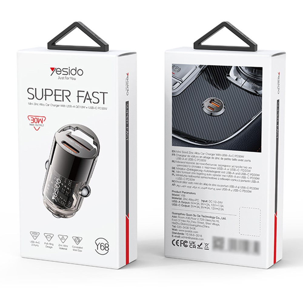 YESIDO Y68 USB+Type-C Dobbeltportadapter PD 30W+QC 18W Mini Billader til hurtig opladning