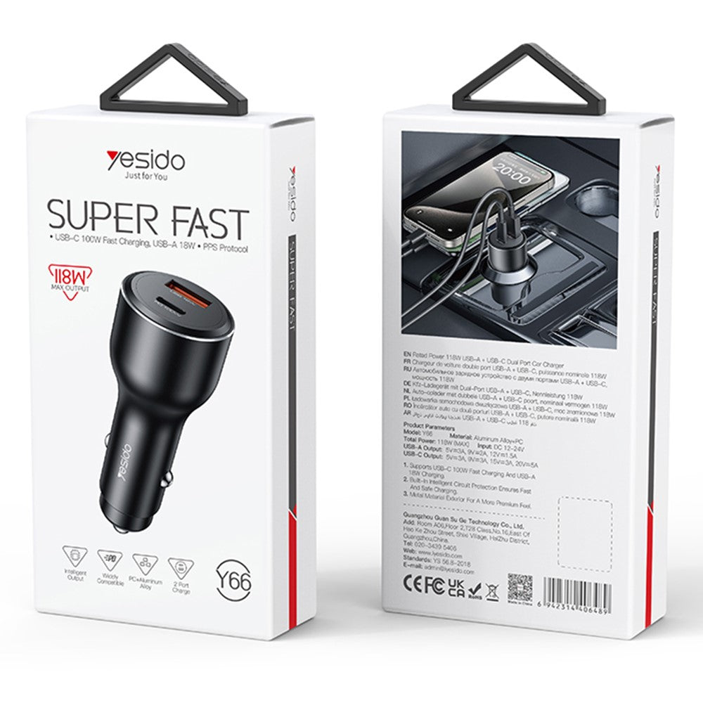 YESIDO Y65 USB+Type-C Dual Port Car Charger PD 100W + QC 18W Fast Charging Adapter