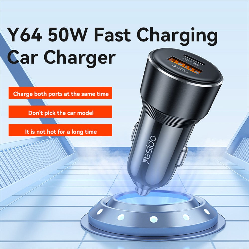 YESIDO Y64 50W USB+Type-C Dobbeltport Biloplader Hurtigopladende Cigartænderadapter