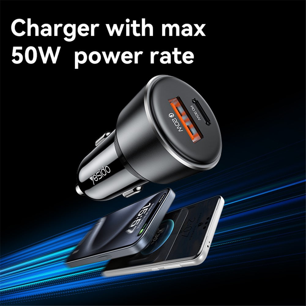 YESIDO Y64 50W USB+Type-C Dobbeltport Biloplader Hurtigopladende Cigartænderadapter