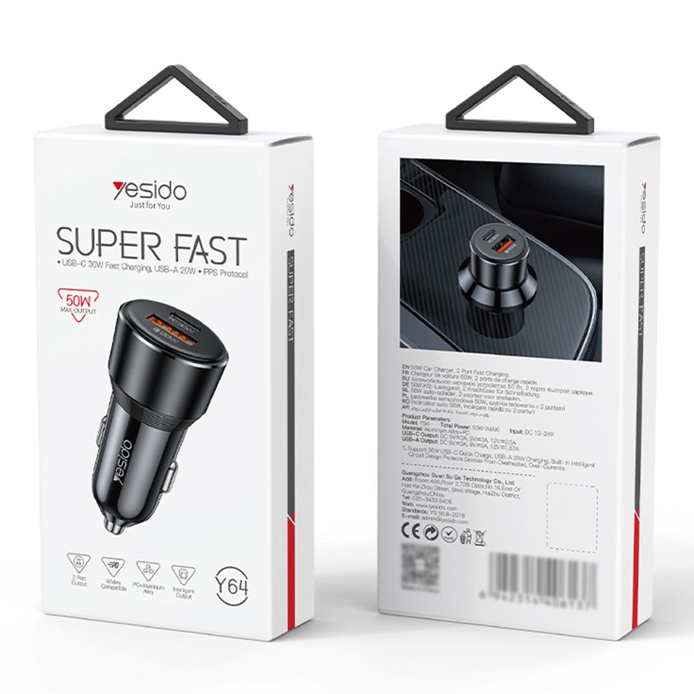 YESIDO Y64 50W USB+Type-C Dobbeltport Biloplader Hurtigopladende Cigartænderadapter