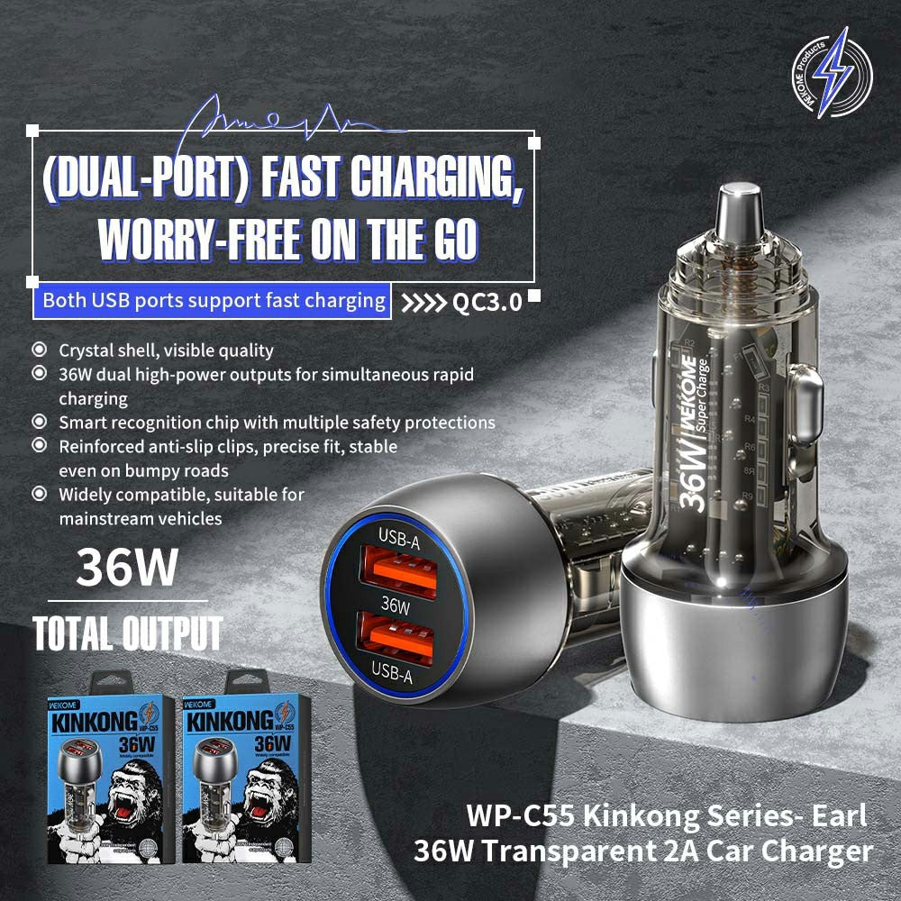 WEKOME WP-C55 Car Charger 36W Dual USB Fast Charging Aluminum Alloy Transparent Adapter