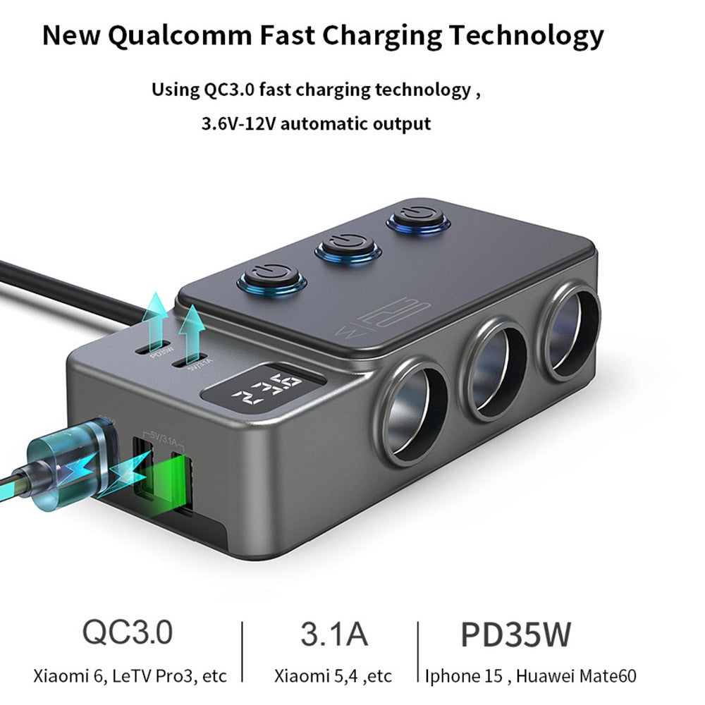 PD 35W Fast Charging Car Charger 3 in 1 Cigarette Lighter Adapter 120W 5 USB Ports for Multiple Devices