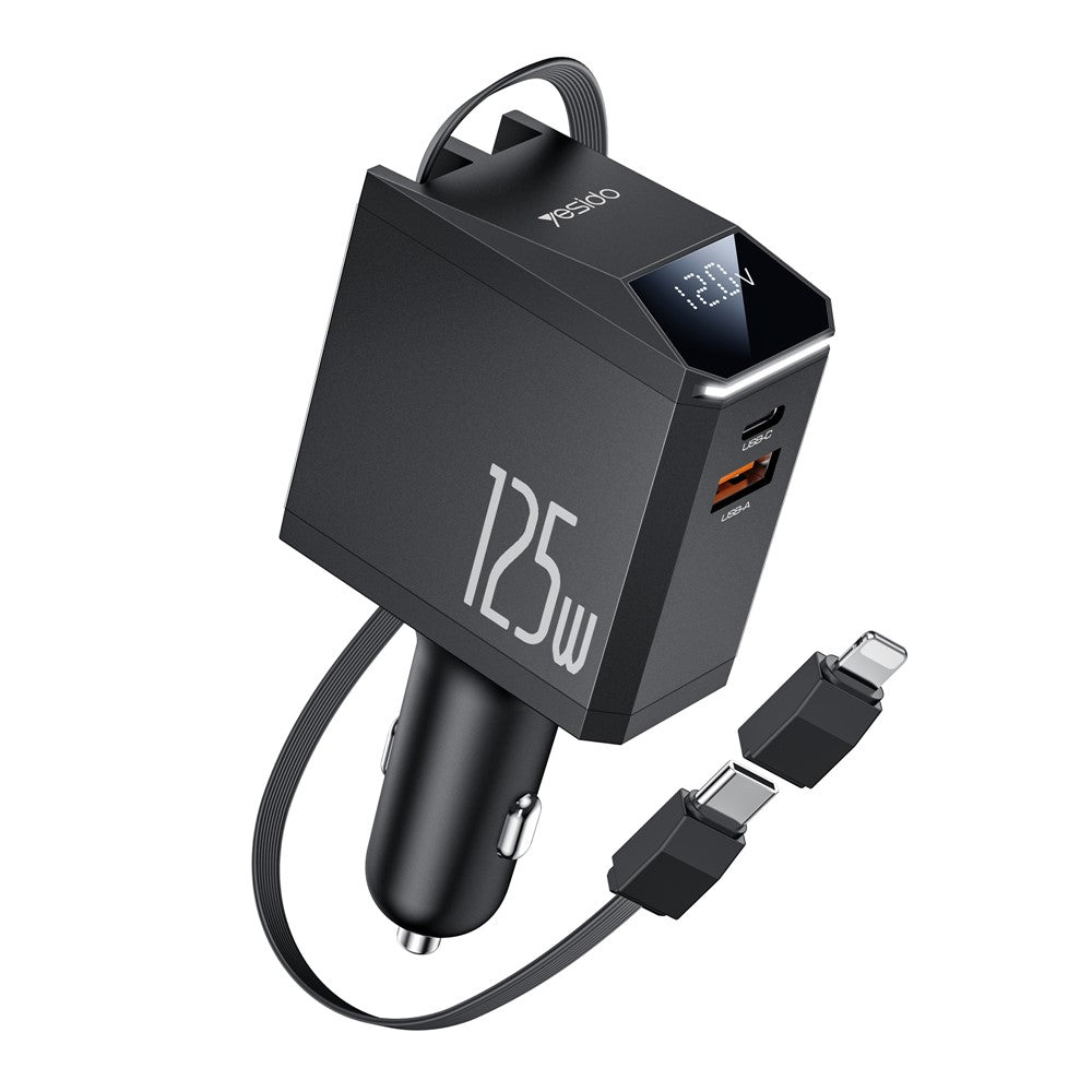 YESIDO Y71 125W Hurtigopladende USB A + Type C Biloplader med Udtrækkeligt Kabel og iP Adapter
