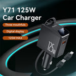 YESIDO Y71 125W Hurtigopladende USB A + Type C Biloplader med Udtrækkeligt Kabel og iP Adapter