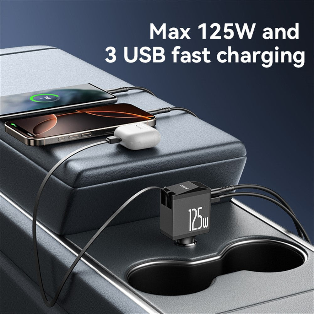 YESIDO Y71 125W Hurtigopladende USB A + Type C Biloplader med Udtrækkeligt Kabel og iP Adapter