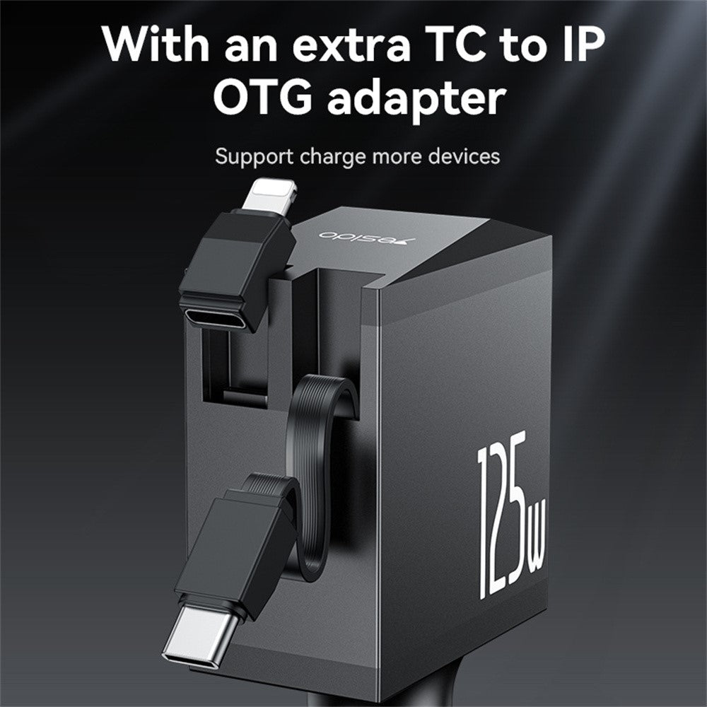 YESIDO Y71 125W Hurtigopladende USB A + Type C Biloplader med Udtrækkeligt Kabel og iP Adapter