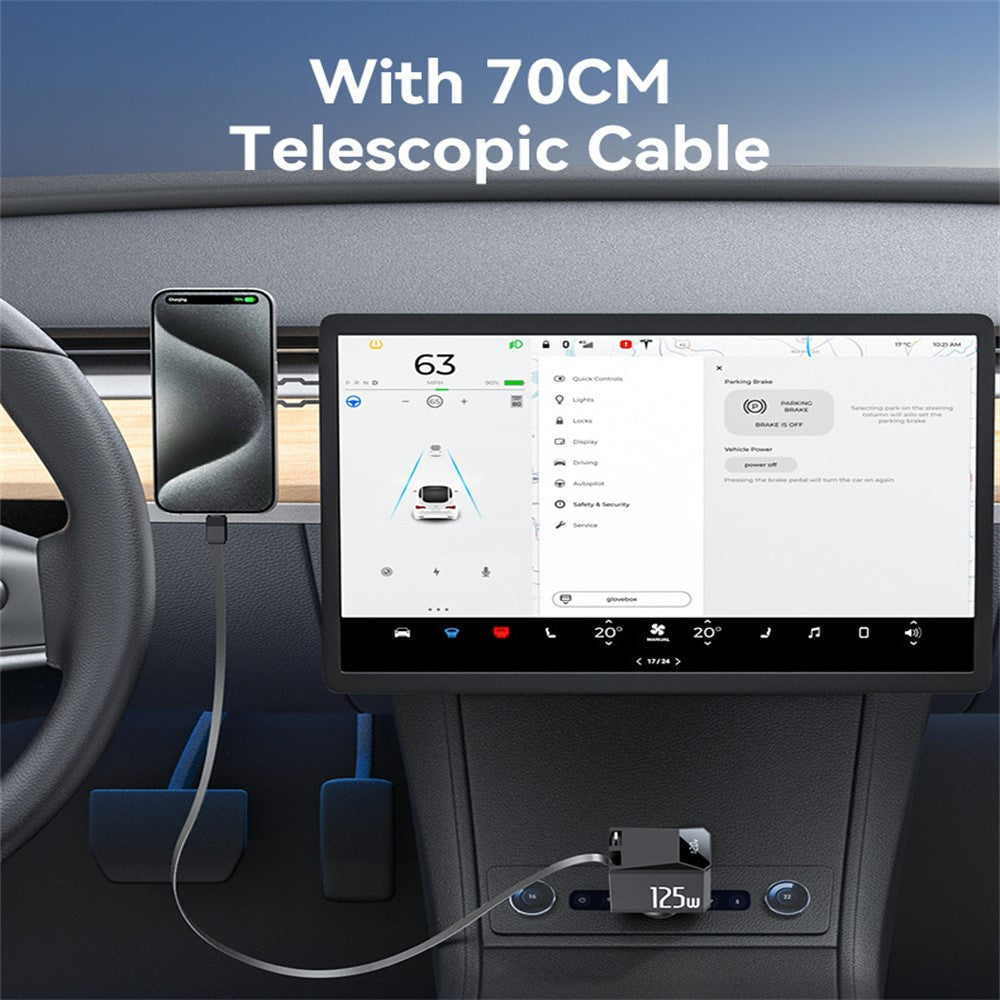 YESIDO Y71 125W Hurtigopladende USB A + Type C Biloplader med Udtrækkeligt Kabel og iP Adapter