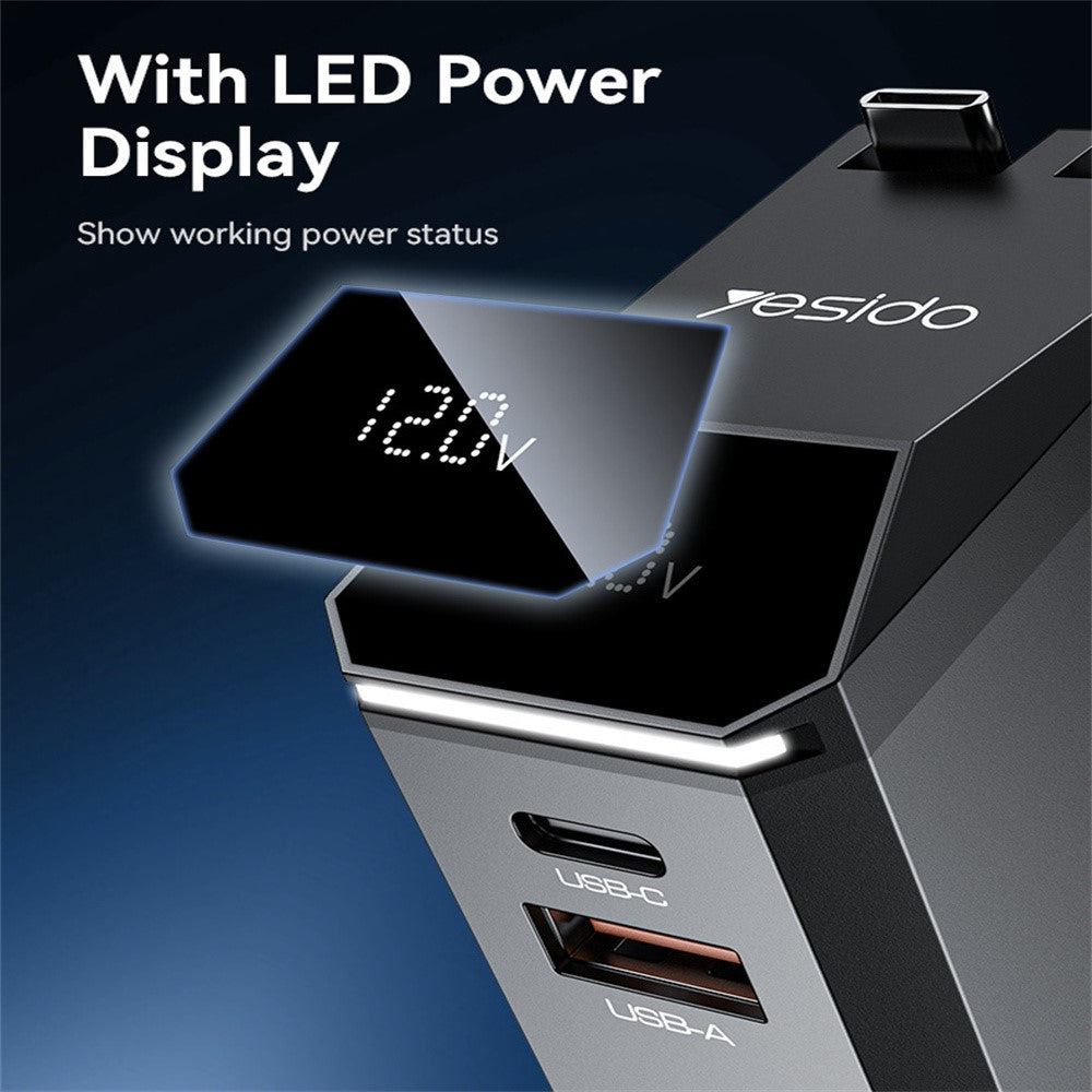 YESIDO Y71 125W Hurtigopladende USB A + Type C Biloplader med Udtrækkeligt Kabel og iP Adapter