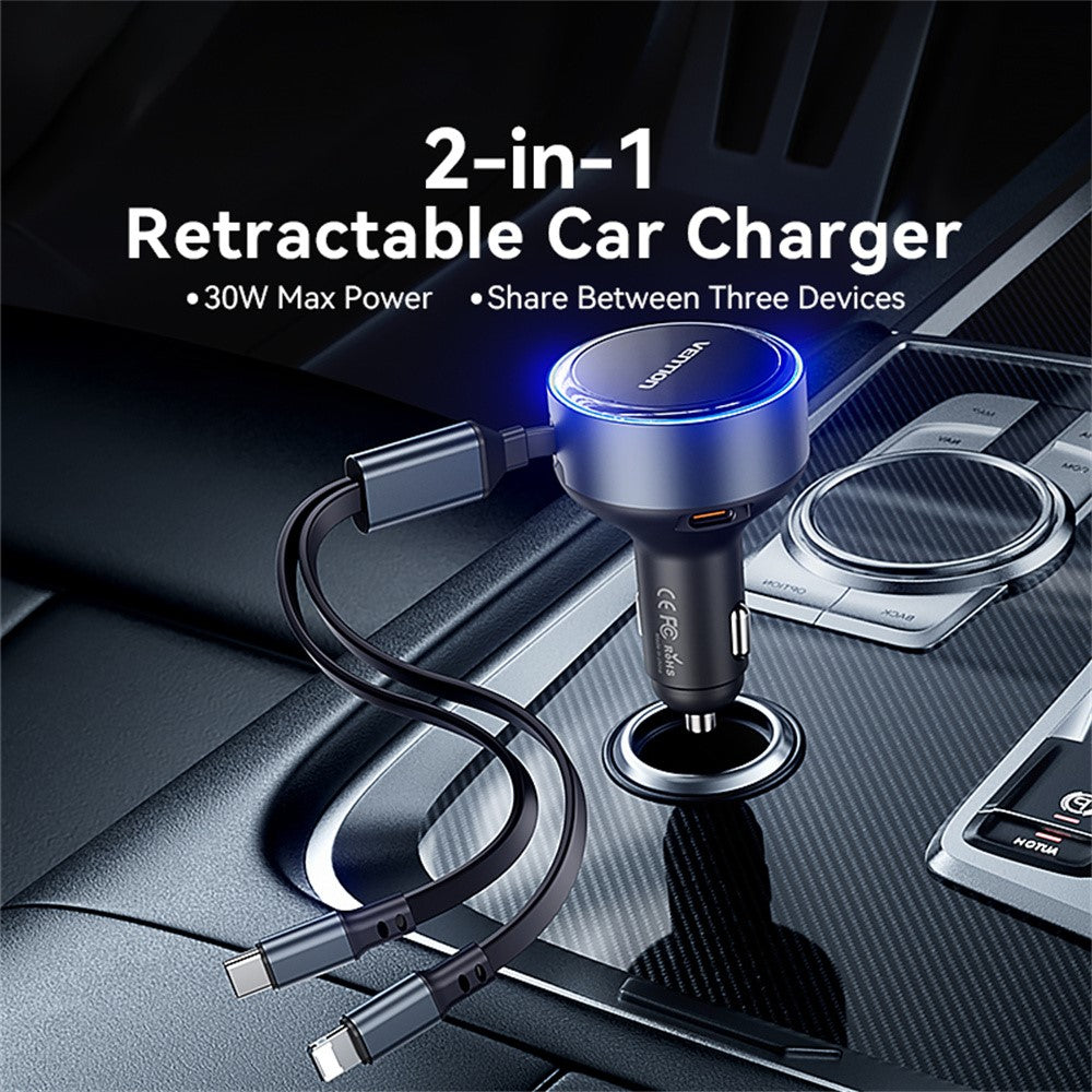 VENTION FFOB0 PD 30W Fast Charging Car Charger with Built In Type C  /  iP Cables for 12V-24V Vehicle
