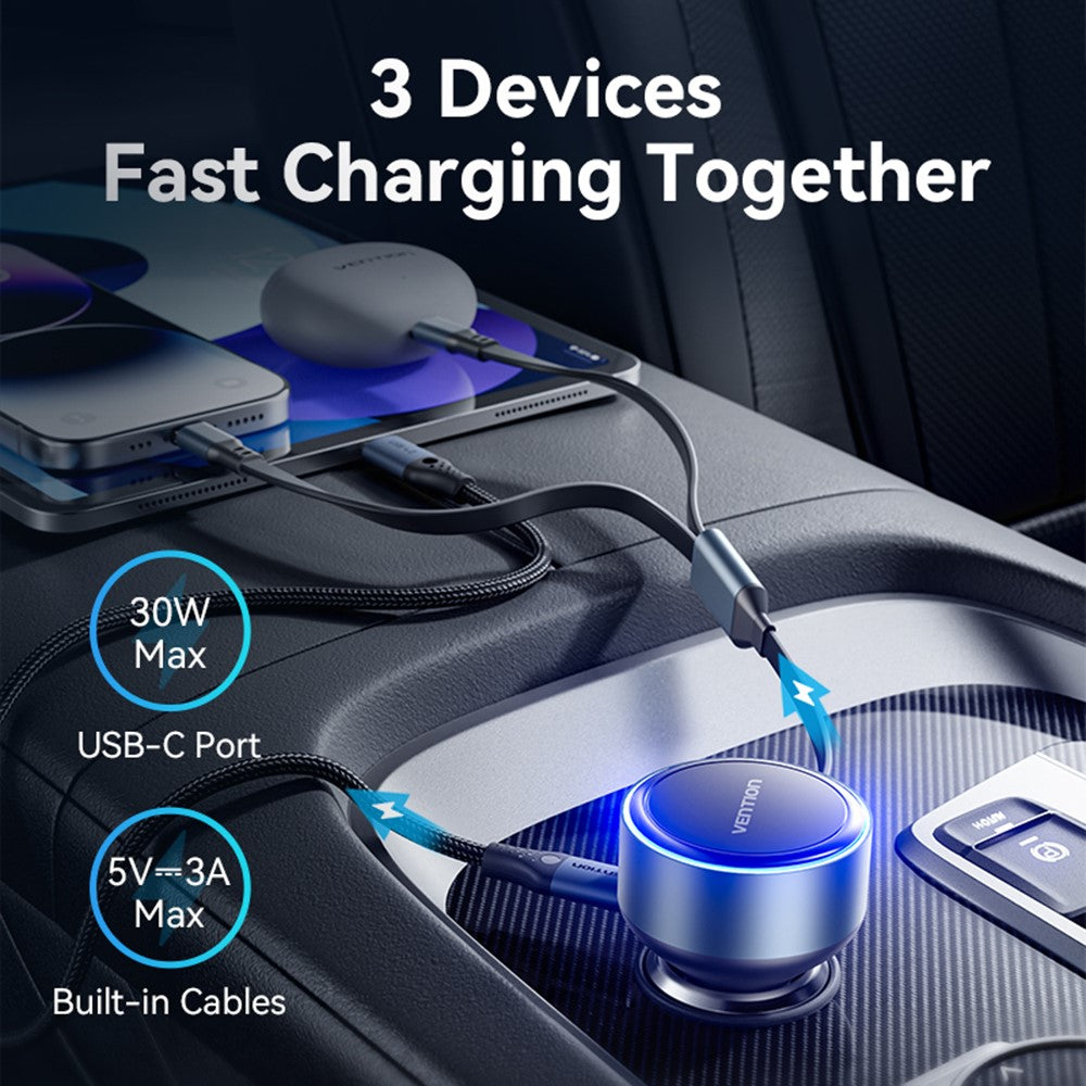 VENTION FFOB0 PD 30W Fast Charging Car Charger with Built In Type C  /  iP Cables for 12V-24V Vehicle
