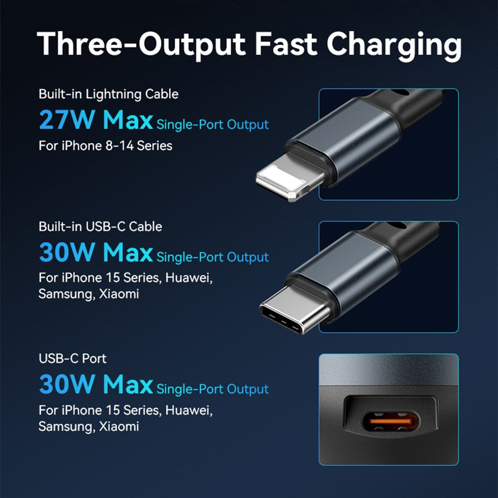 VENTION FFOB0 PD 30W Fast Charging Car Charger with Built In Type C  /  iP Cables for 12V-24V Vehicle