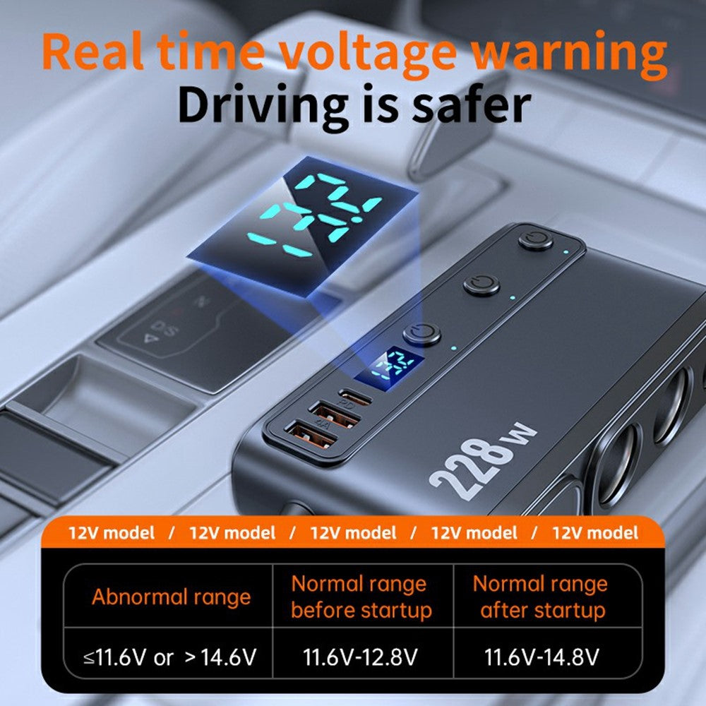 C35L 3 in 1 Cigarette Lighter Adapter Voltage Display 228W Fast Charging Car Charger with Retractable Cable