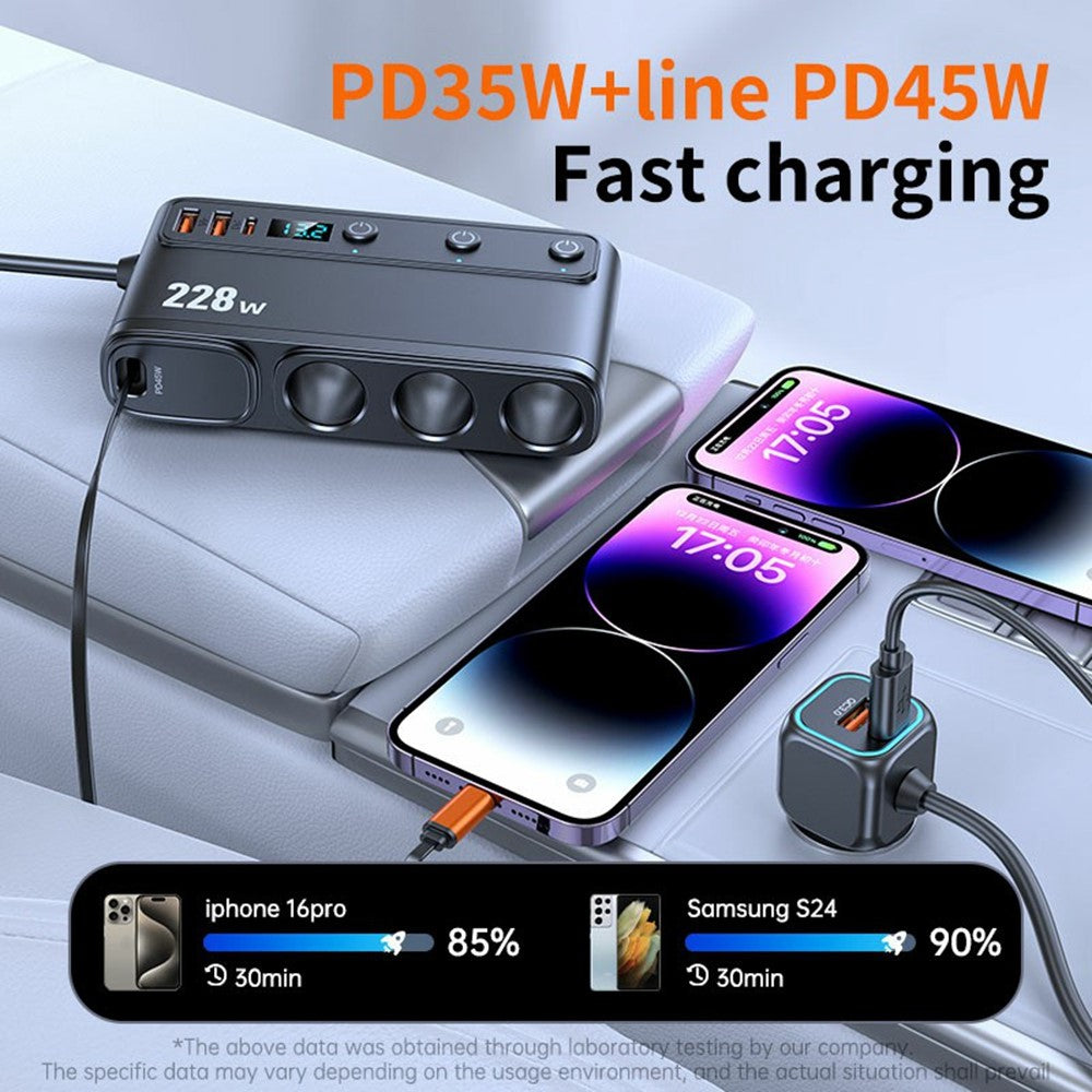 C35L 3 in 1 Cigarette Lighter Adapter Voltage Display 228W Fast Charging Car Charger with Retractable Cable