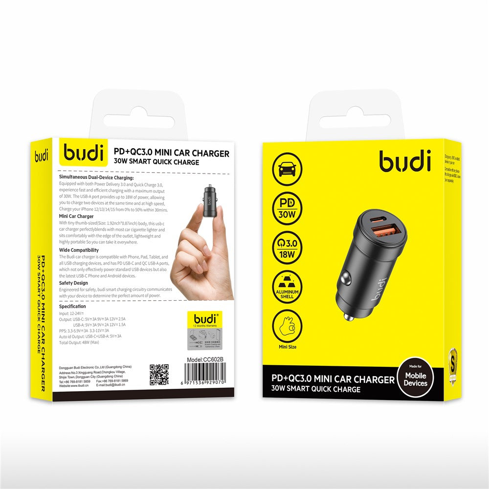 BUDI CC602B Mini Car Charger 48W Quick Charge USB A + USB C Dual Port Cigarette Lighter Adapter