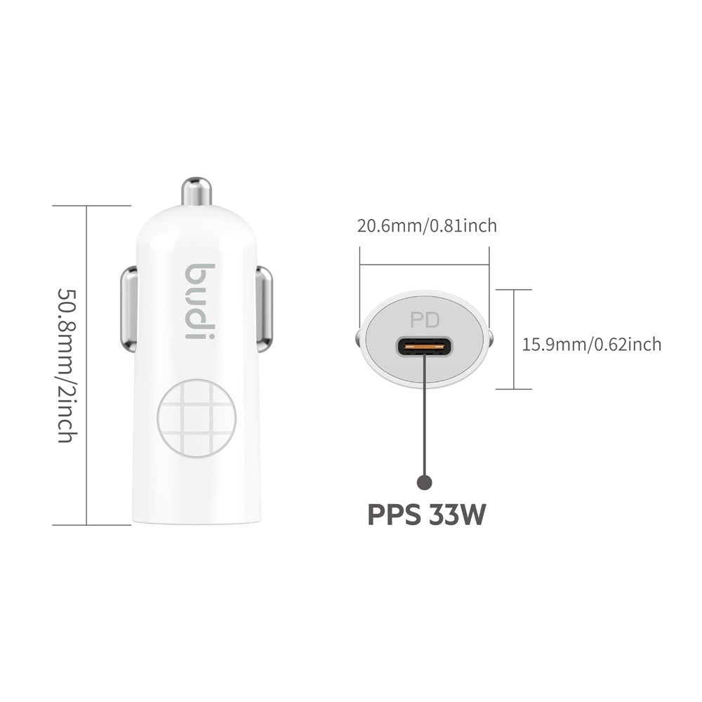 BUDI CC062TTTW USB-C 33W Car Charger Set with 1.2m 60W Type-C to Type-C Cable Mini Cigarette Lighter Adapter