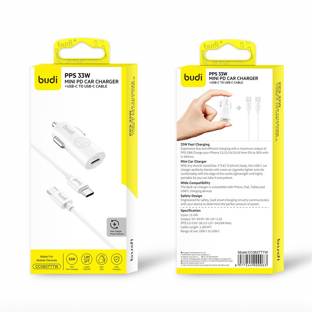 BUDI CC062TTTW USB-C 33W Car Charger Set with 1.2m 60W Type-C to Type-C Cable Mini Cigarette Lighter Adapter