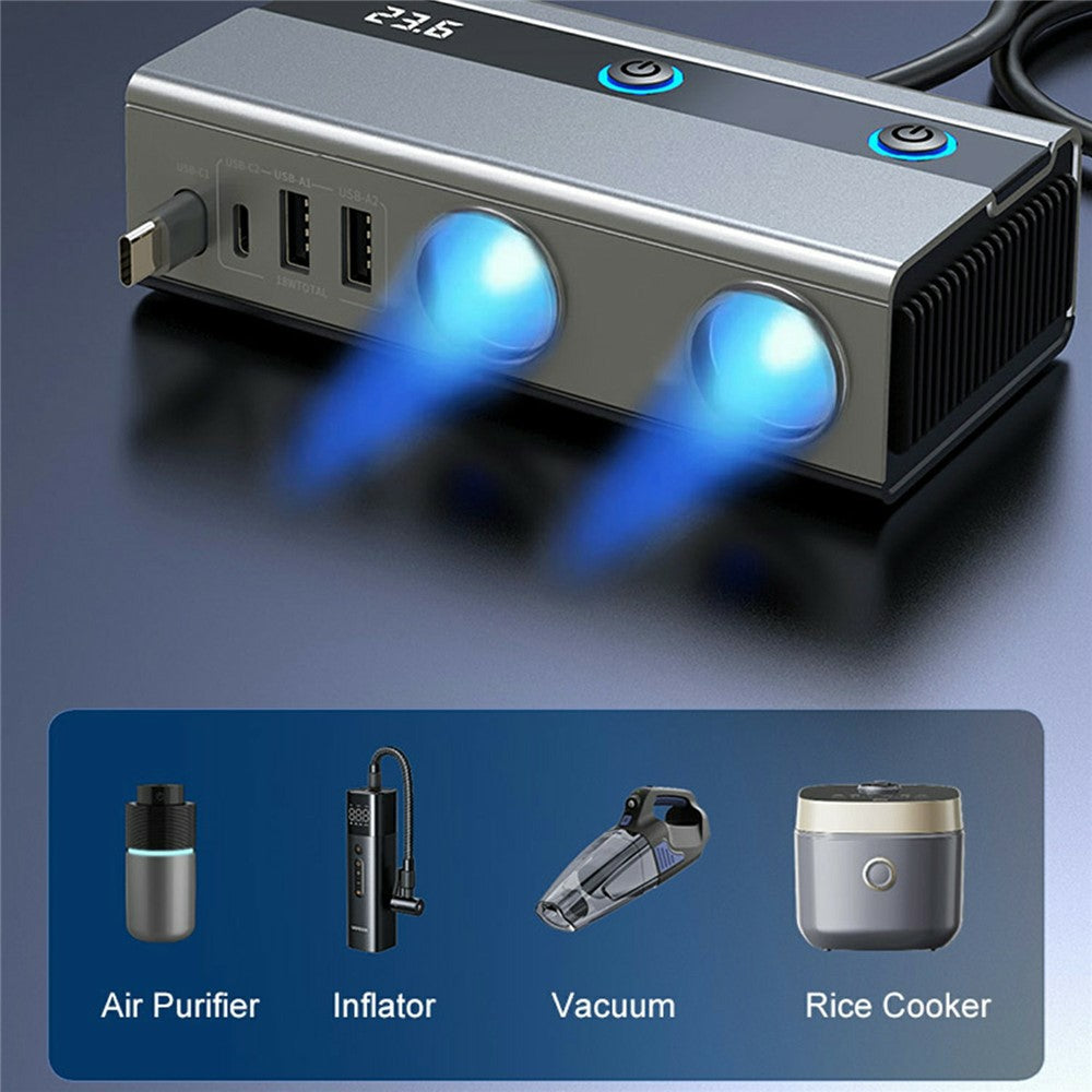 GE06 Voltage Display 120W Car Cigarette Lighter Splitter Adapter with PD 65W Fast Charging Retractable Cable