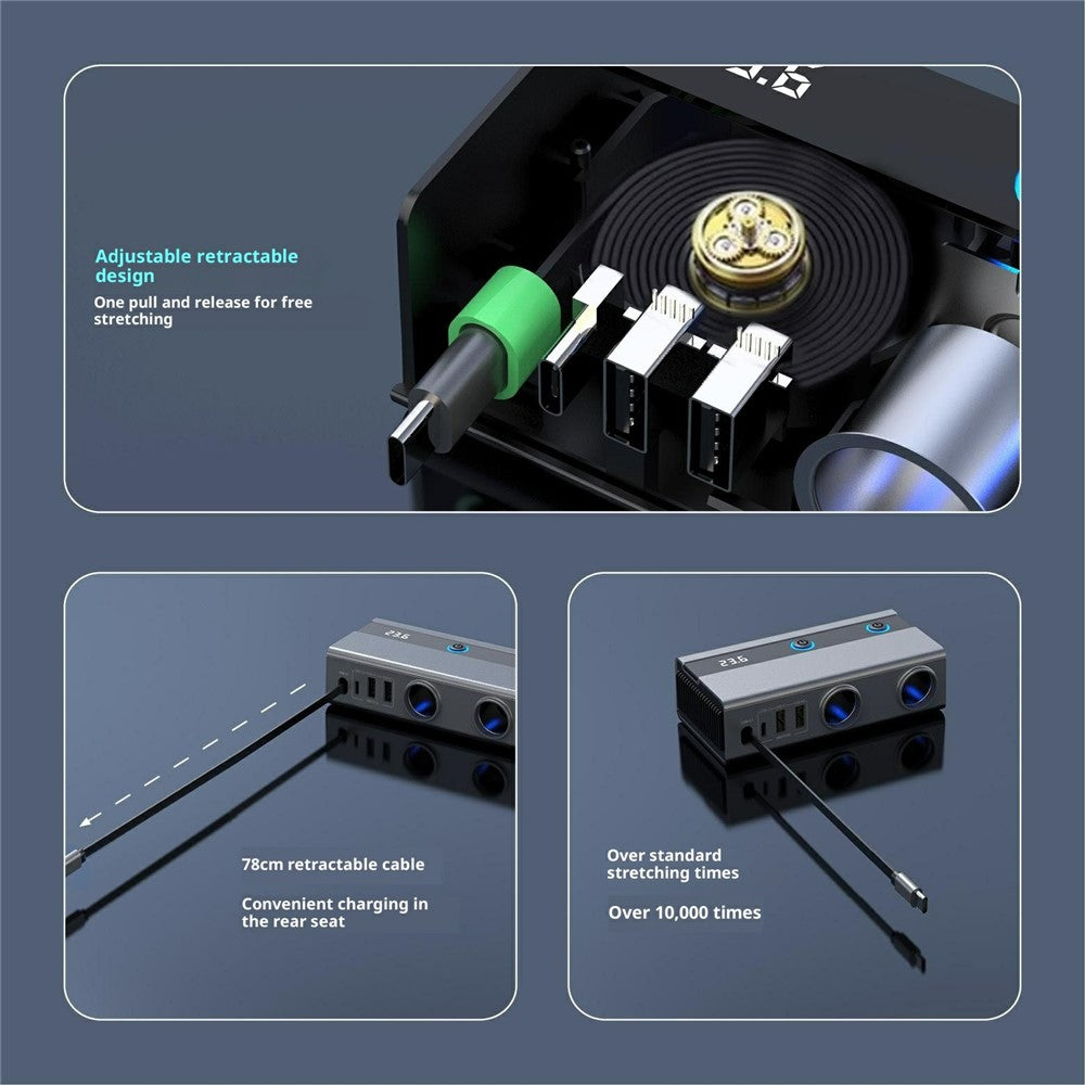 GE08 PD 65W Hurtigopladende Biloplader 9-i-1 Cigarettænderadapter med Uafhængig Afbryder og Udtrækkeligt Kabel