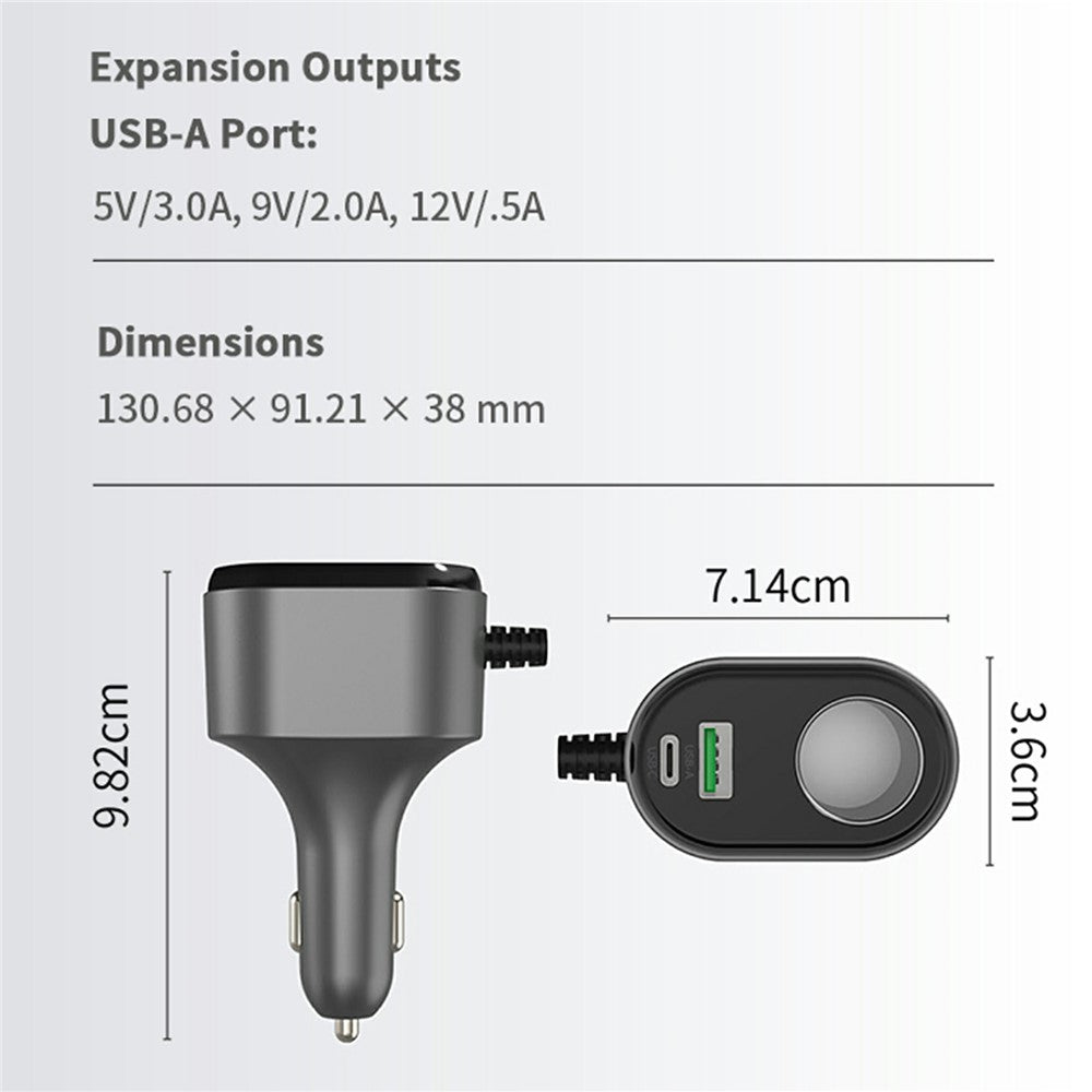 GE08 PD 65W Hurtigopladende Biloplader 9-i-1 Cigarettænderadapter med Uafhængig Afbryder og Udtrækkeligt Kabel