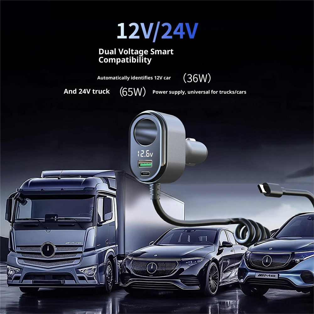 GE09 PD 65W Fast Charging Car Charger Cigarette Lighter Adapter with Spring Wire Charger Temperature Control Protection