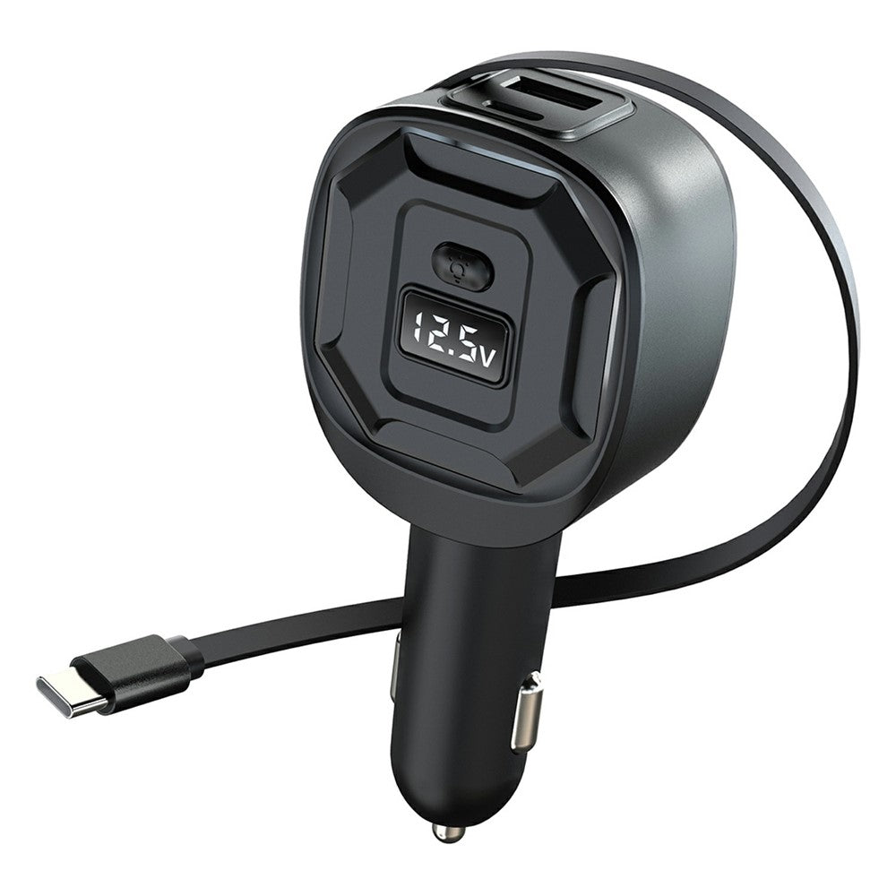 GE10 Voltage Display Car Charger with Retractable Cable PD 65W Fast Charging Adapter Temperature Control Protection