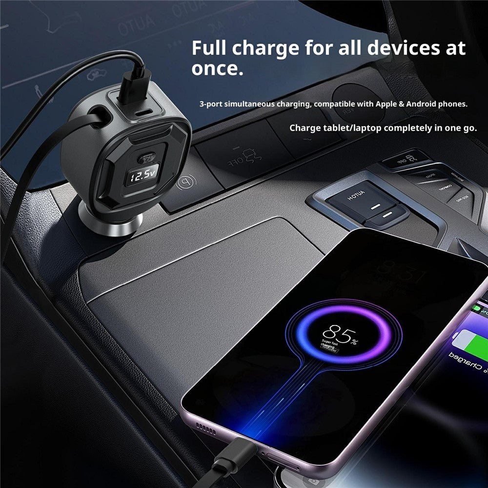 GE10 Voltage Display Car Charger with Retractable Cable PD 65W Fast Charging Adapter Temperature Control Protection
