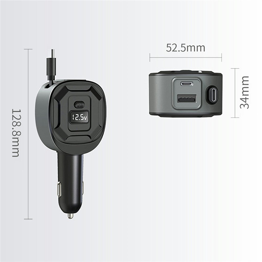 GE10 Voltage Display Car Charger with Retractable Cable PD 65W Fast Charging Adapter Temperature Control Protection