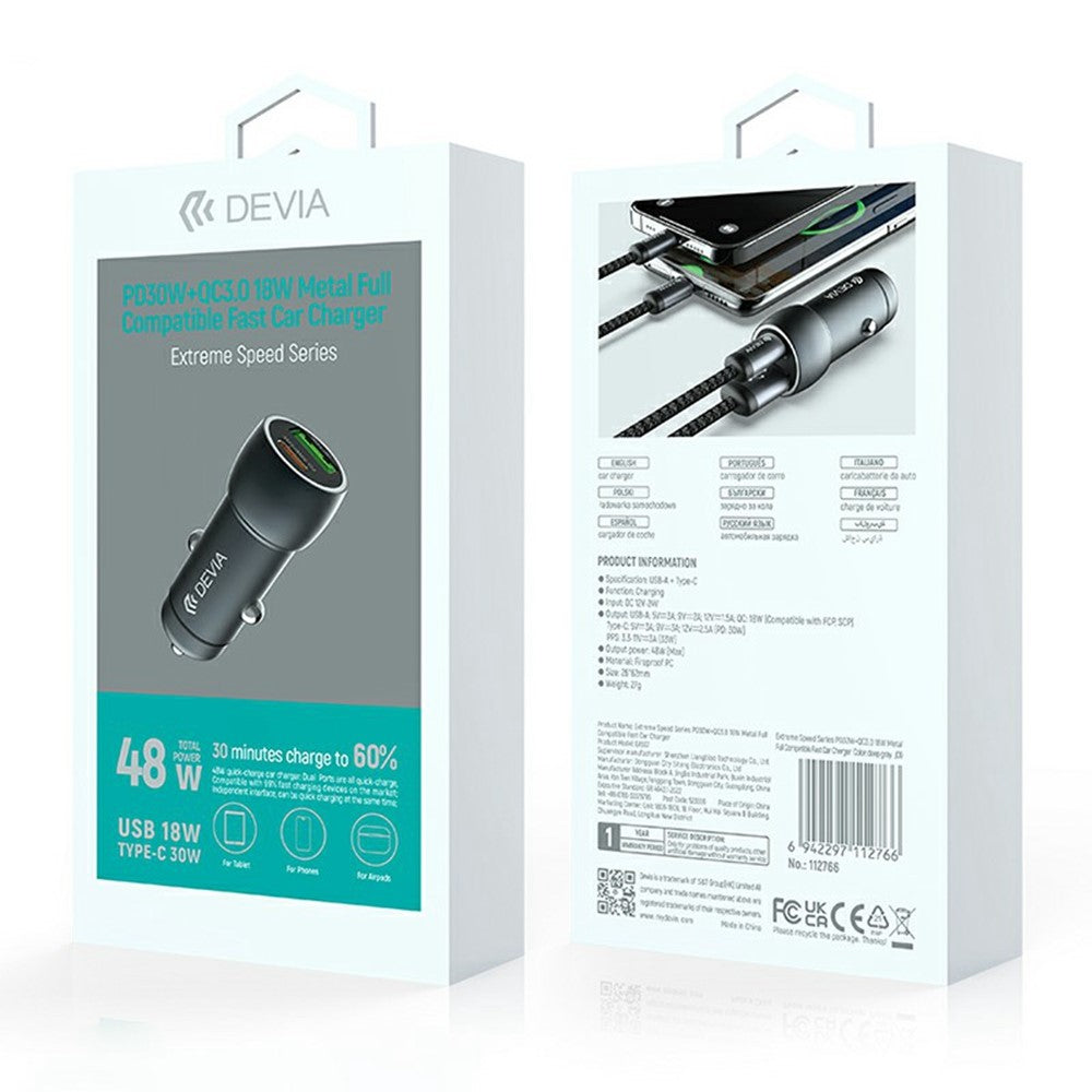 DEVIA EA507 Extreme Speed Series PD 30W + QC3.0 18W Biloplader i Metal med Dobbelt USB-A Type-C-port