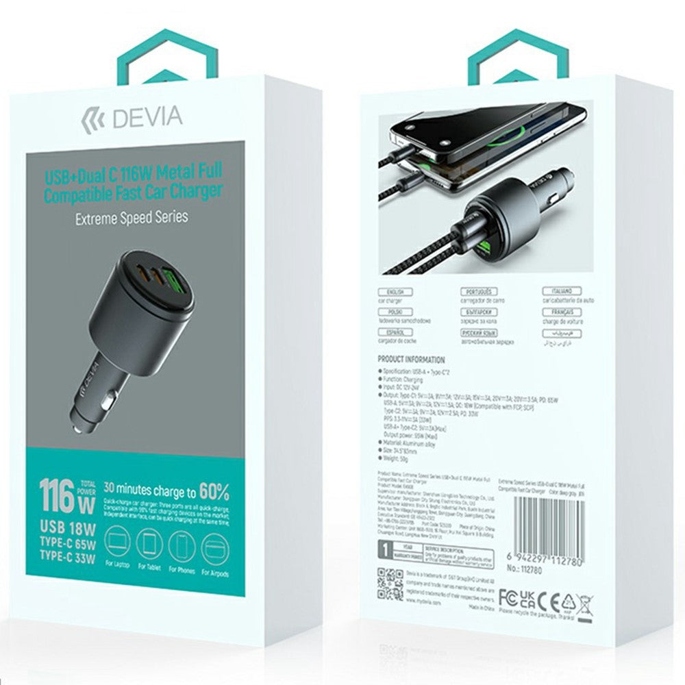DEVIA EA508 Extreme Speed Series USB-A + dobbelt Type-C oplader 116W metal biloplader