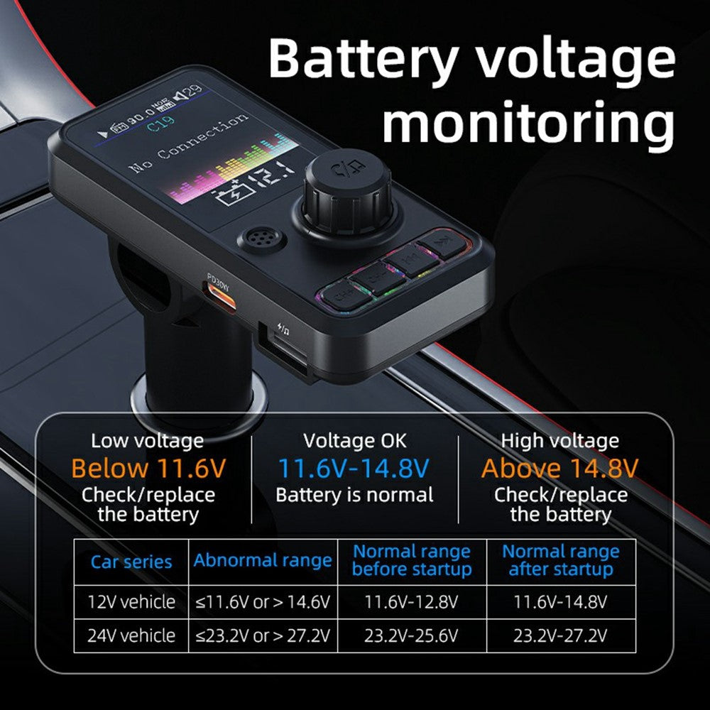 C19 Bil Bluetooth-kompatibel MP3-afspiller PD 30W hurtigopladning FM-radio-sender Håndfri opkald
