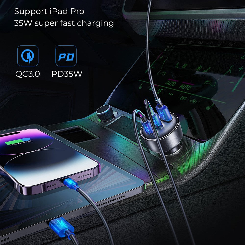 JOYROOM JR-CCN19 65W Billader 3 porte USB-C PD 35W QC3.0 Hurtigopladning Cigarettænderadapter