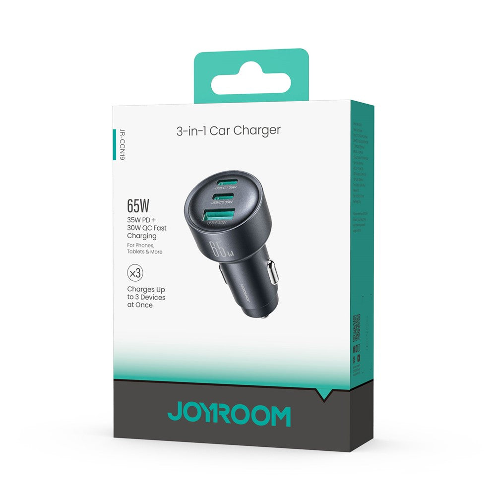 JOYROOM JR-CCN19 65W Billader 3 porte USB-C PD 35W QC3.0 Hurtigopladning Cigarettænderadapter