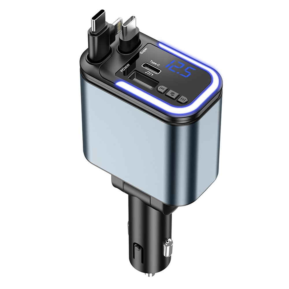 LC-040 5-i-1 Billader 180W Dobbelt Udtrækkeligt Kabel Type-C iP (5-14) Bluetooth-kompatibel FM-sender Opladningsadapter