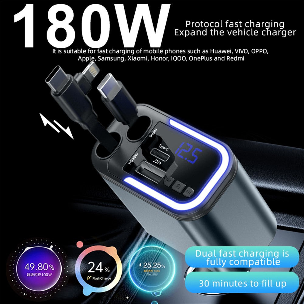 LC-040 5-i-1 Billader 180W Dobbelt Udtrækkeligt Kabel Type-C iP (5-14) Bluetooth-kompatibel FM-sender Opladningsadapter