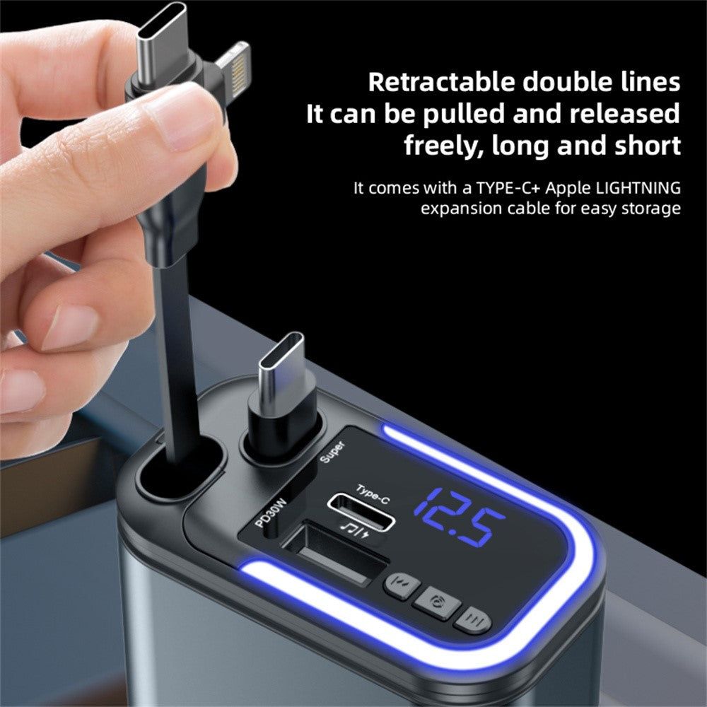 LC-040 5-i-1 Billader 180W Dobbelt Udtrækkeligt Kabel Type-C iP (5-14) Bluetooth-kompatibel FM-sender Opladningsadapter