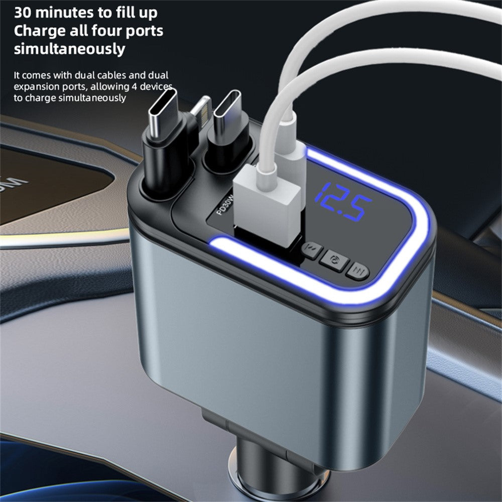 LC-040 5-i-1 Billader 180W Dobbelt Udtrækkeligt Kabel Type-C iP (5-14) Bluetooth-kompatibel FM-sender Opladningsadapter