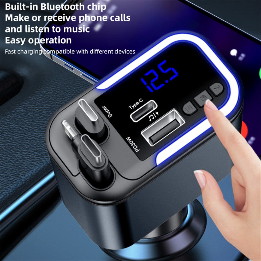 LC-040 5-i-1 Billader 180W Dobbelt Udtrækkeligt Kabel Type-C iP (5-14) Bluetooth-kompatibel FM-sender Opladningsadapter