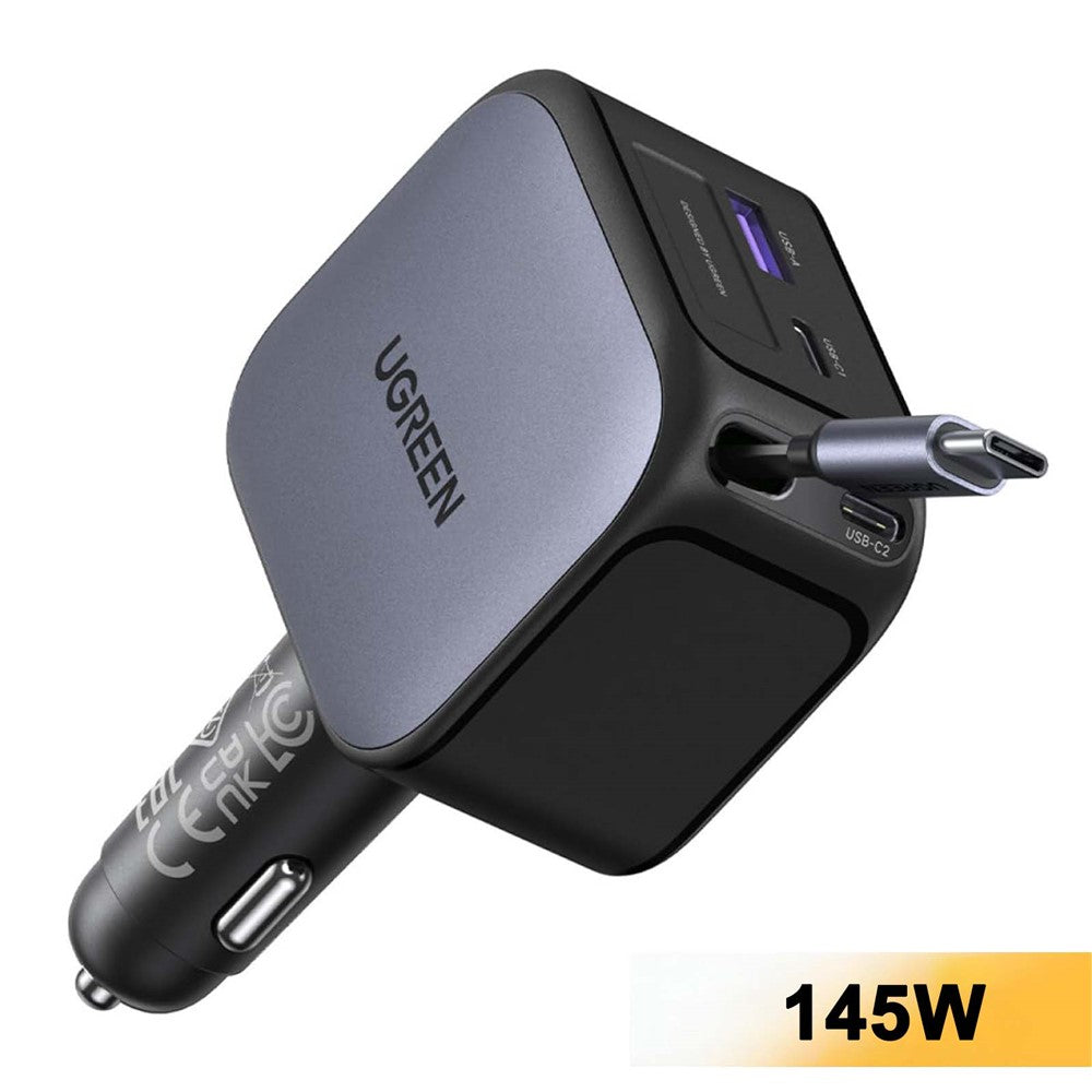UGREEN 55910 USB-A + 2 USB-C 100W Hurtig Billader med 60W Udtrækkeligt USB-C Kabel til iPhone iPad MacBook