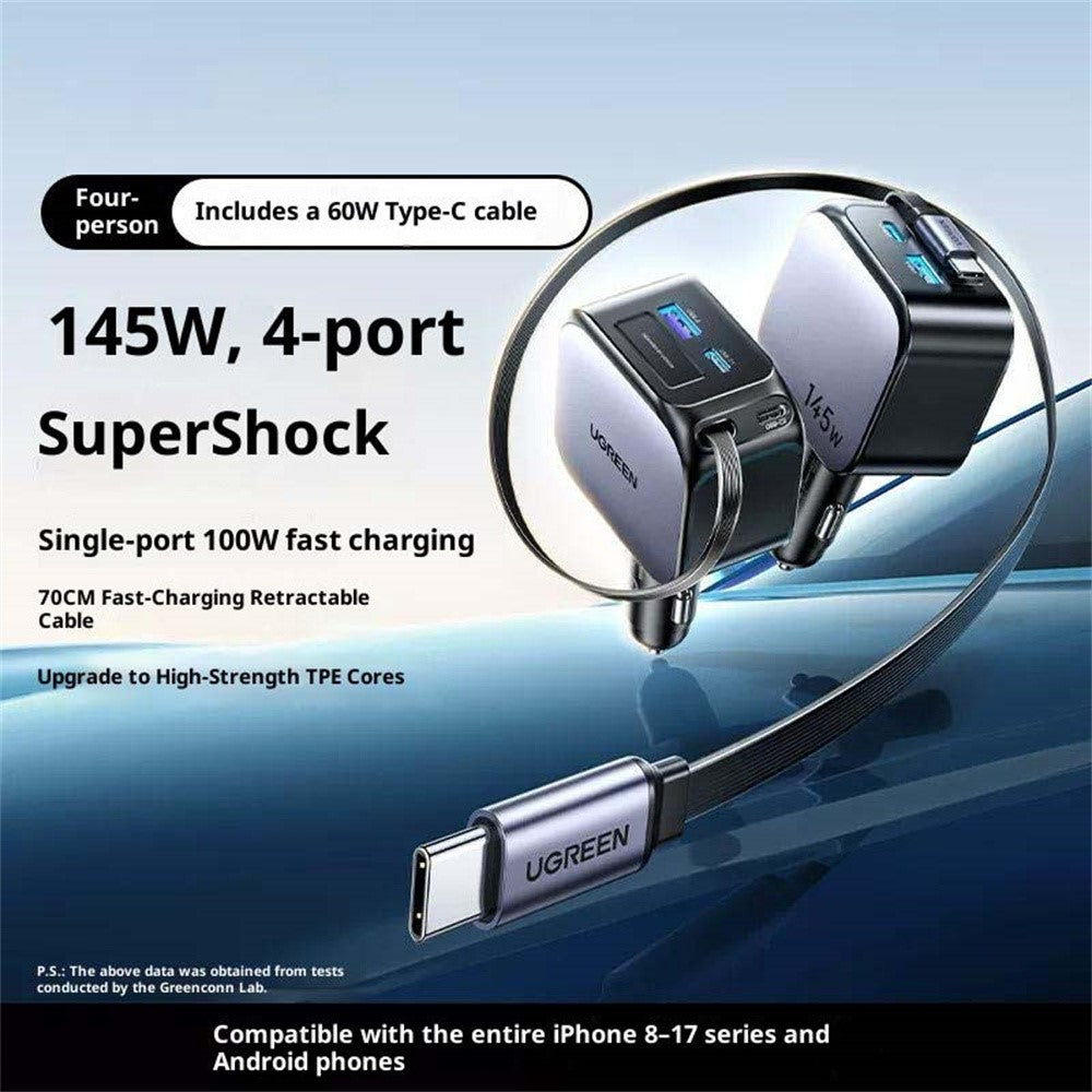 UGREEN 55910 USB-A + 2 USB-C 100W Hurtig Billader med 60W Udtrækkeligt USB-C Kabel til iPhone iPad MacBook