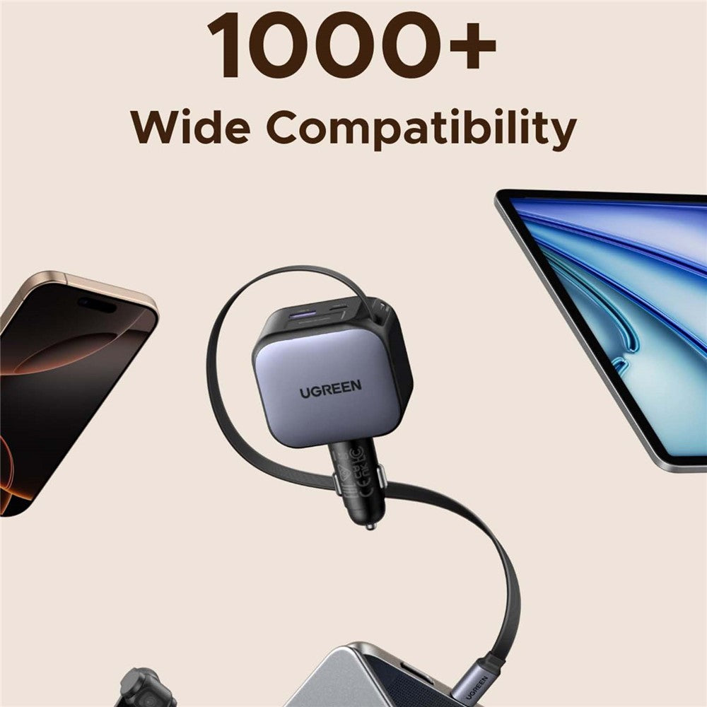 UGREEN 55910 USB-A + 2 USB-C 100W Hurtig Billader med 60W Udtrækkeligt USB-C Kabel til iPhone iPad MacBook