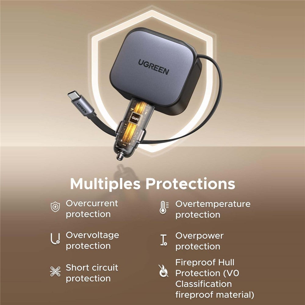 UGREEN 55910 USB-A + 2 USB-C 100W Hurtig Billader med 60W Udtrækkeligt USB-C Kabel til iPhone iPad MacBook