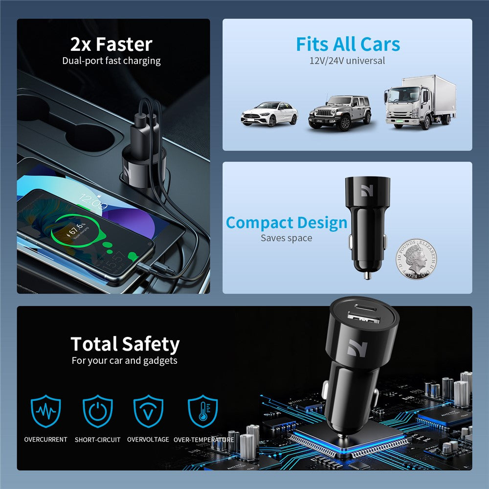 NCC CC-0401 USB-A + Type-C Dual Port Car Charger PD 20W Fast Charger for SUV Truck