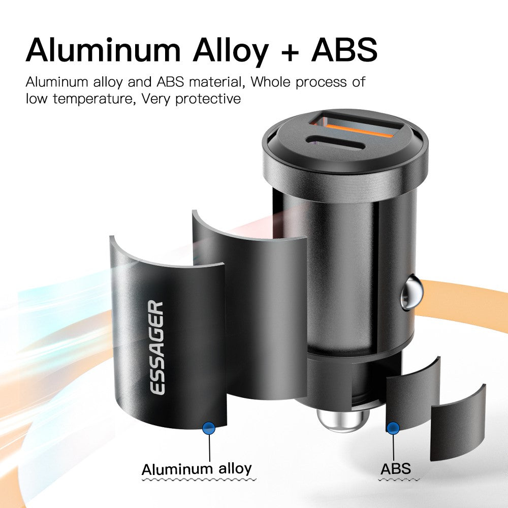 ESSAGER 30W Mini Car Charger USB-A + Type-C Dual Port Fast Charger for iPhone 12/13