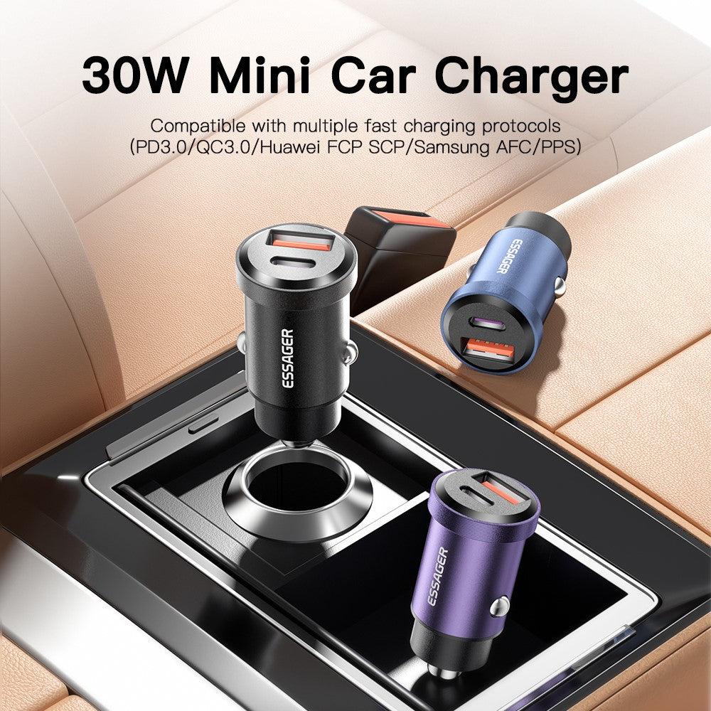 ESSAGER 30W Mini Car Charger USB-A + Type-C Dual Port Fast Charger for iPhone 12/13
