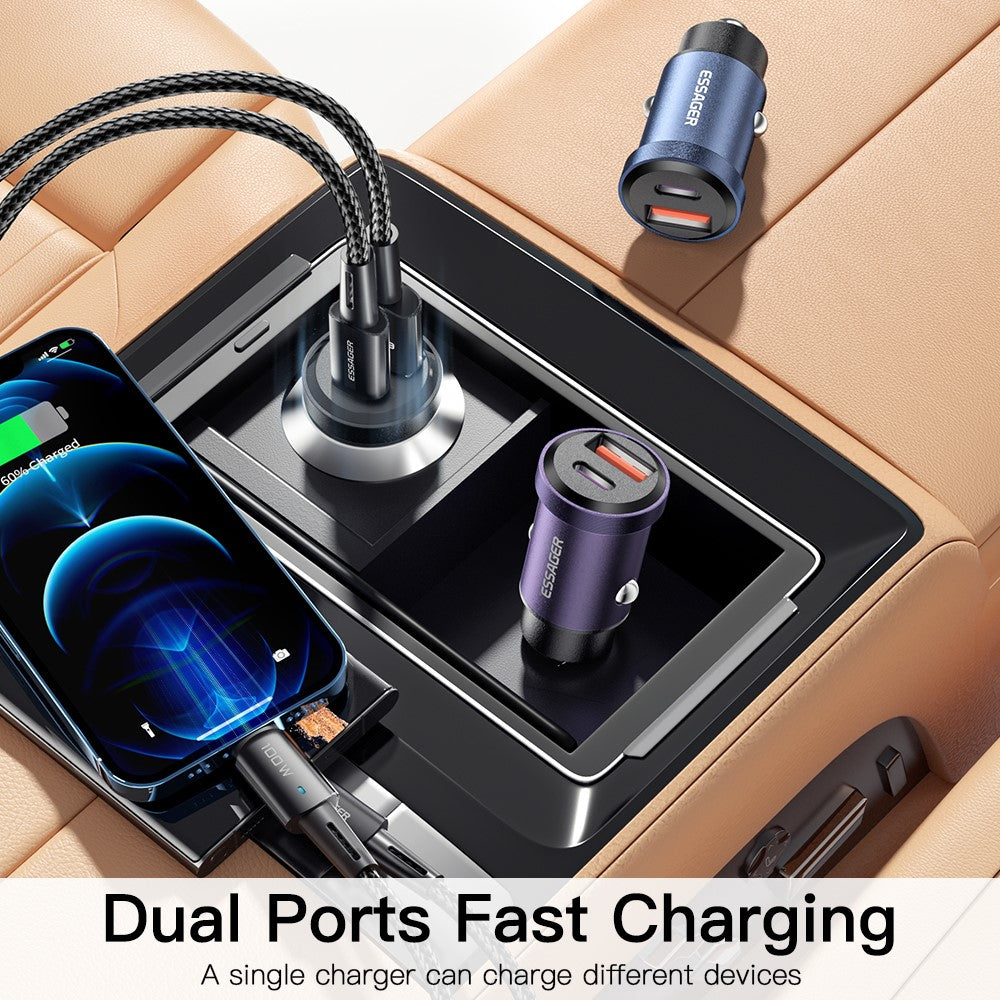 ESSAGER 30W Mini Car Charger USB-A + Type-C Dual Port Fast Charger for iPhone 12/13